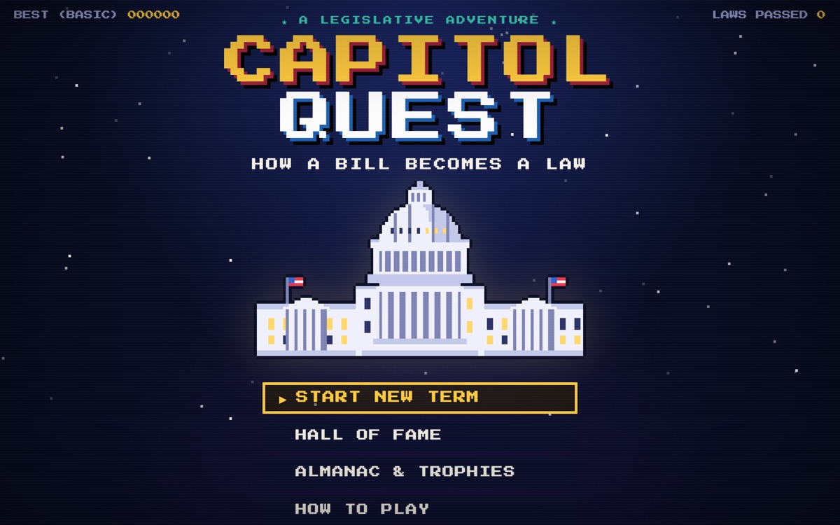 Capitol Quest title screen with a pixel-art Capitol