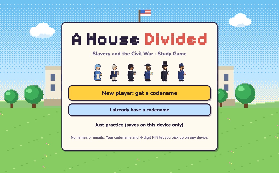 A House Divided title screen: pixel-art heroes including Henry Clay, Frederick Douglass, Grant and Lincoln in front of the Capitol