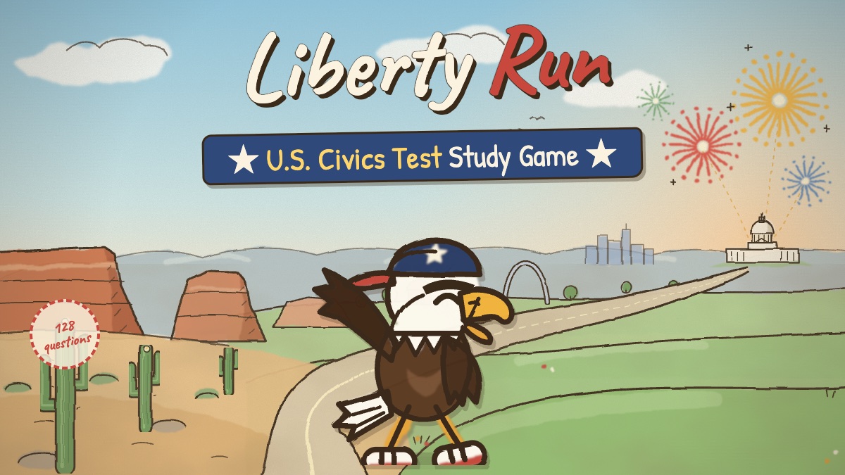 Liberty Run, a U.S. Civics Test study game: the eagle mascot waving on a road across America