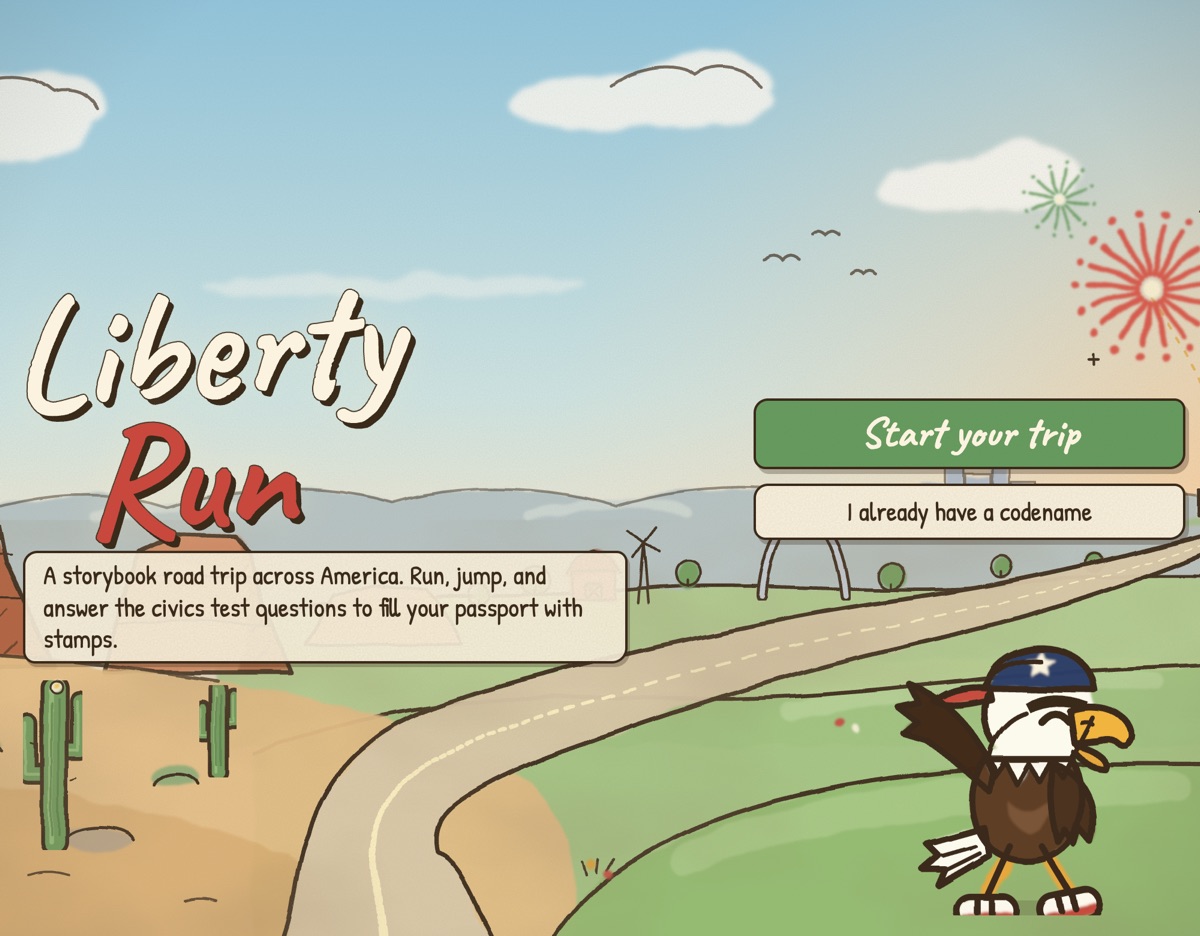 Liberty Run title screen: the eagle mascot waving by a road across a desert