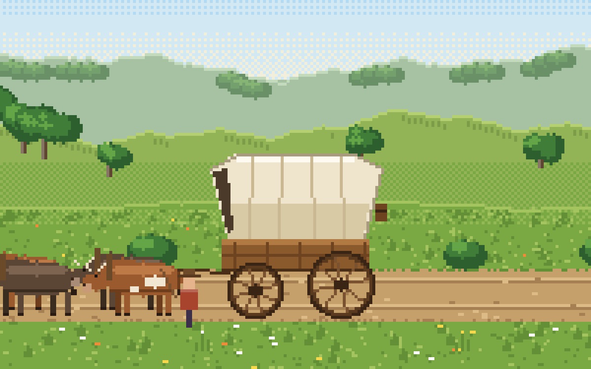 Oregon or Bust: a pixel-art covered wagon pulled by a team of oxen along the prairie trail