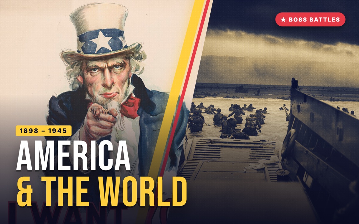 America and the World: the I Want You Uncle Sam poster beside troops landing on D-Day