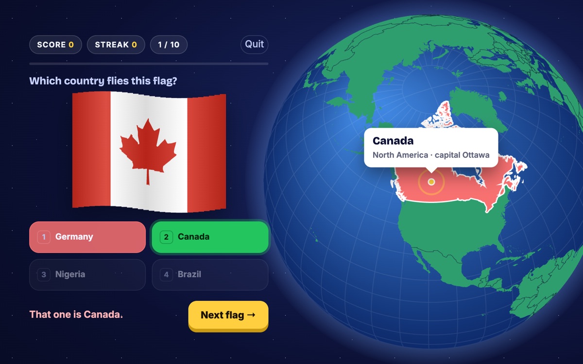 Flag Quiz: a waving Canadian flag beside a globe zoomed in on Canada, labeled with its capital, Ottawa